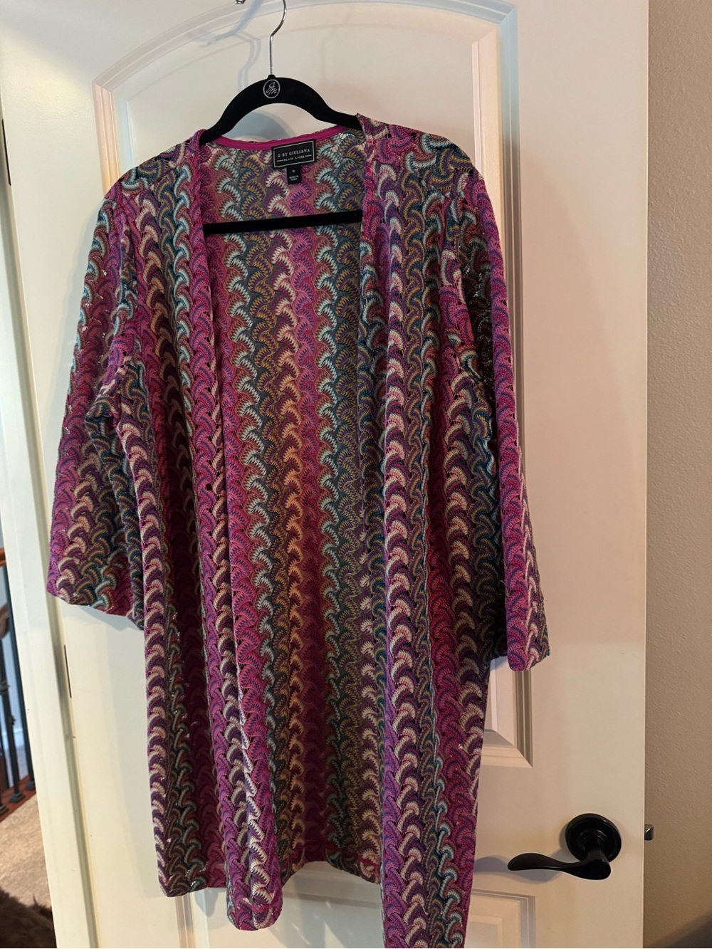 G by Giuliana Crochet Topper-Front Purple Patterned Knit Cardigan